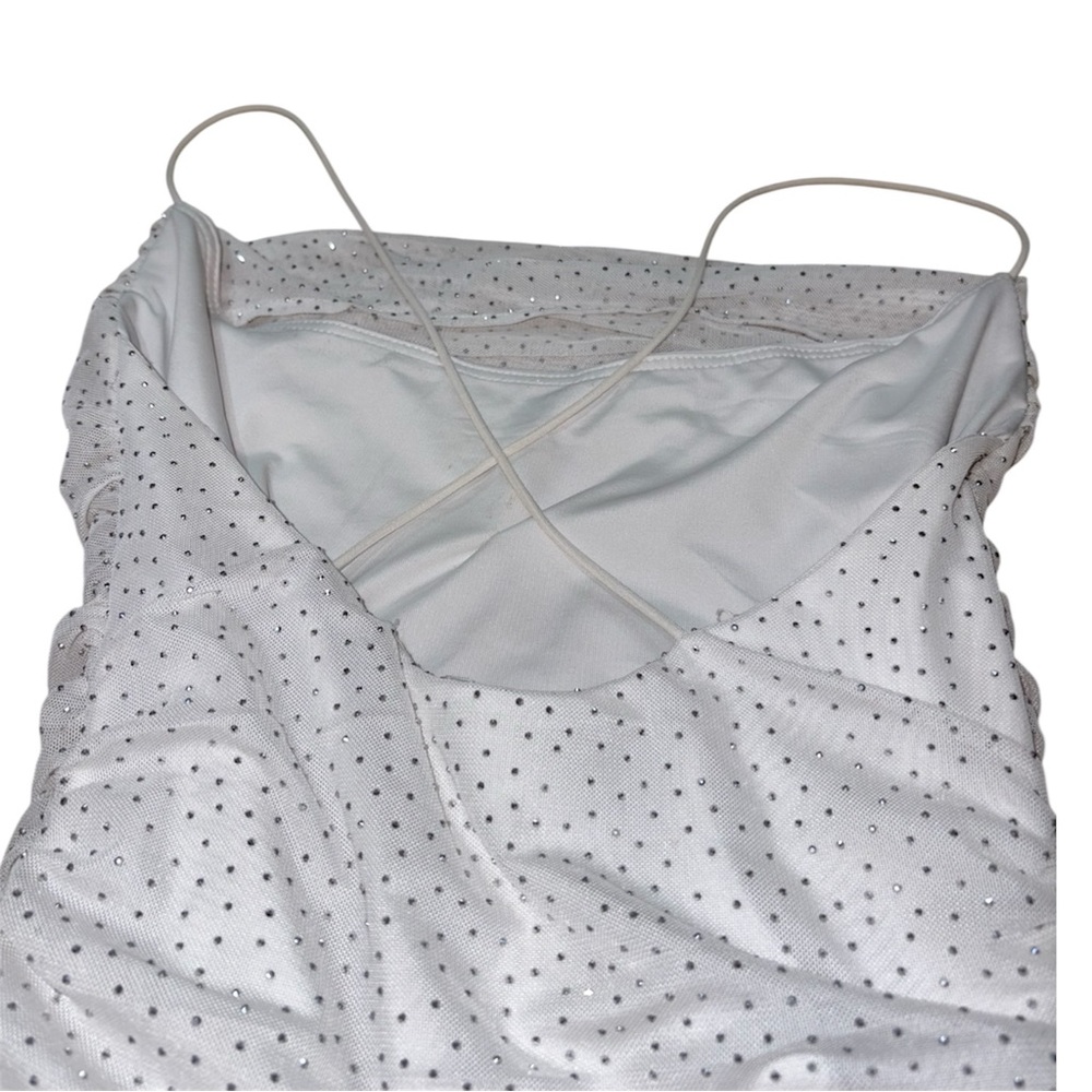 White Ruched Form Fitting Rhinestone Sparkle Mini Dress - Picture 4 of 5